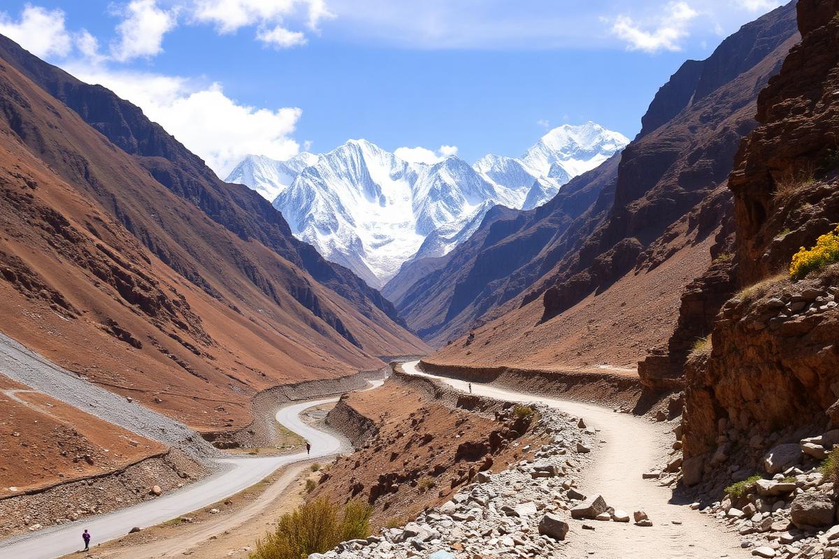 Mountain road into the Manang valley below the Annapurna peaks