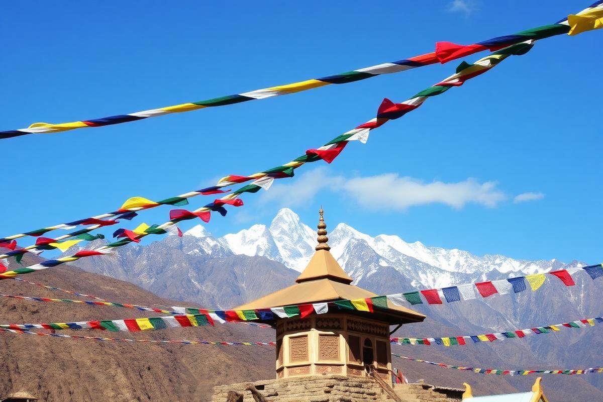 Prayer flags and mountain backdrop at Muktinath, Nepal