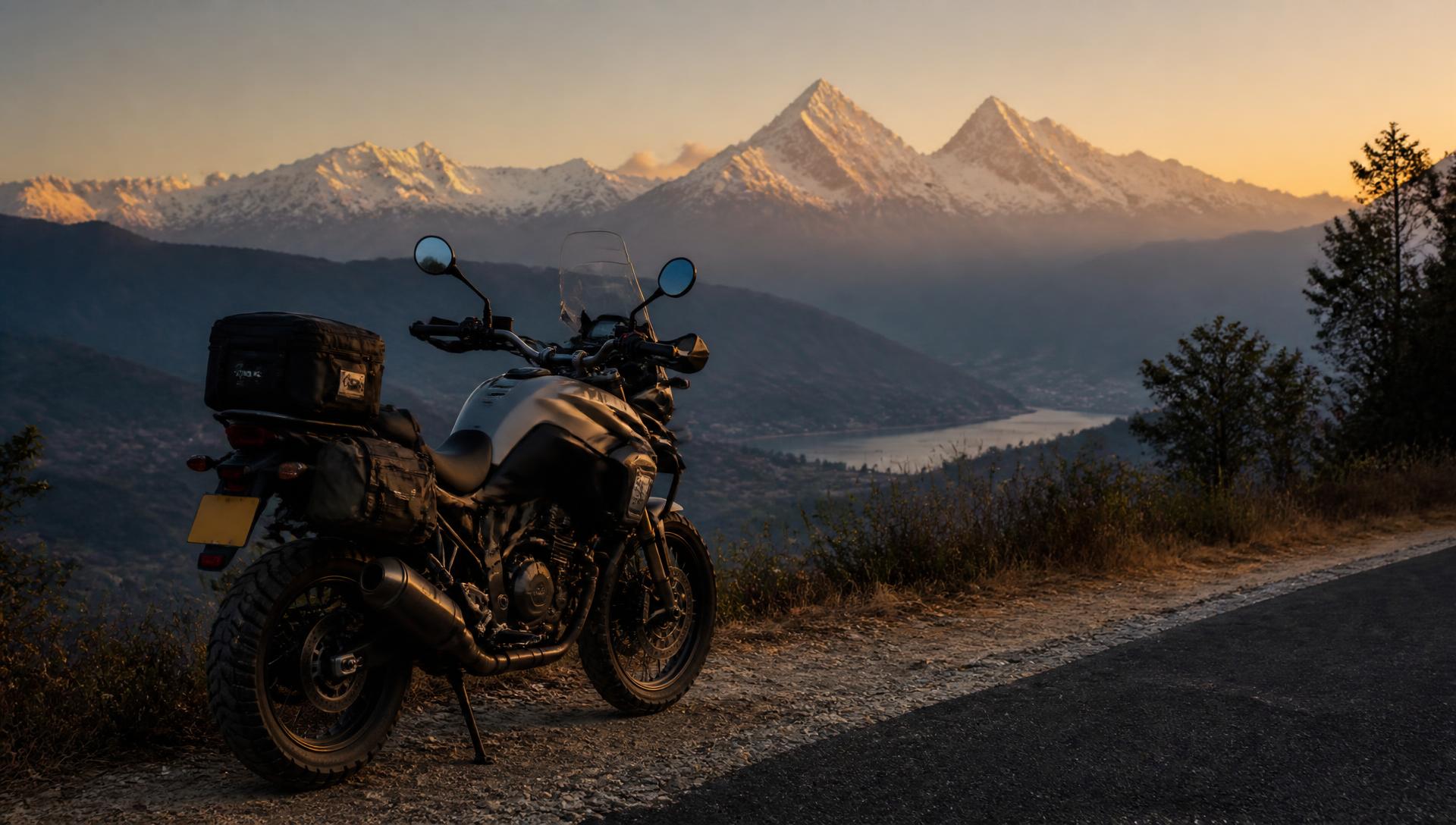 Motorcycle parked on a mountain road above Pokhara with Himalayan peaks behind
